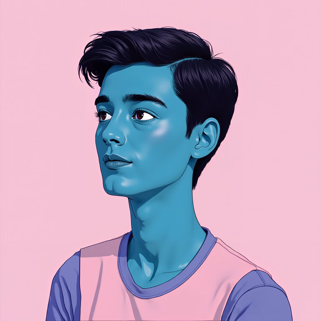 Modern portrait with cool blue tones and soft pink background.