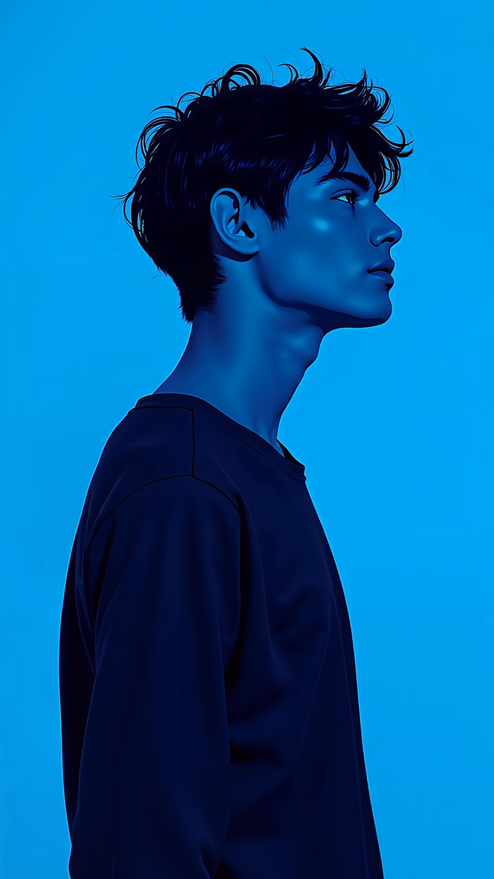 Side profile portrait of a person in navy against a bright blue background, modern illustration style.