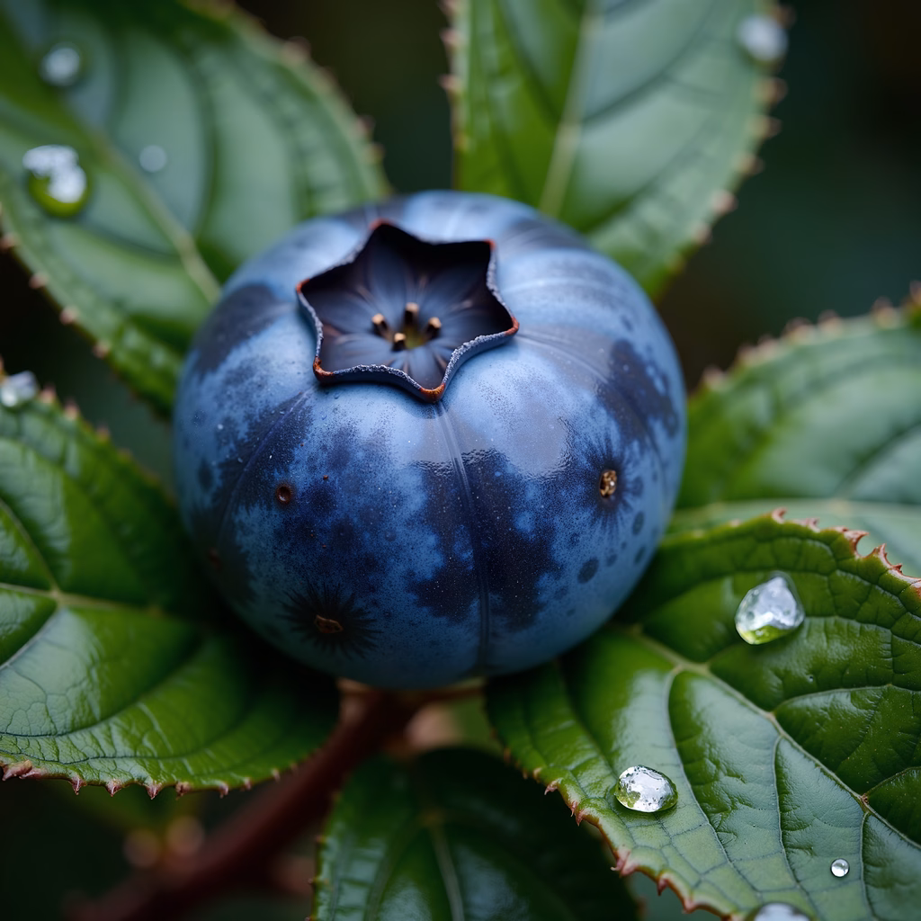 Close-up of a blueberry surrounded by dew-drenched green leaves, highlighting natural beauty.