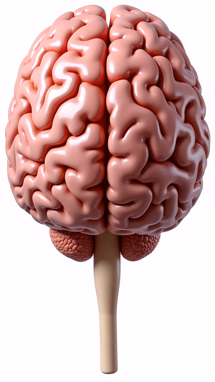 Detailed medical illustration of a human brain in shades of pink and beige.