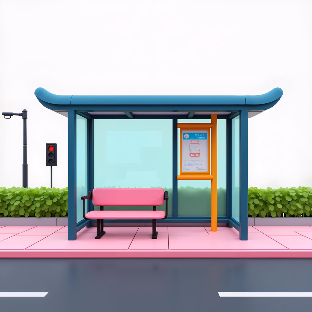 Brightly colored bus stop illustration featuring a pink bench and blue canopy.