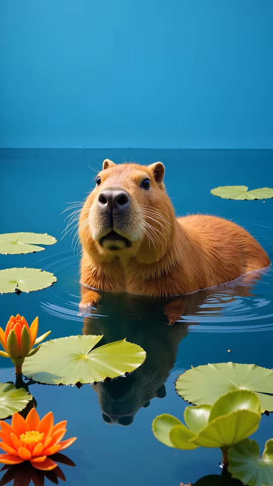 Capybara in Lily Pond