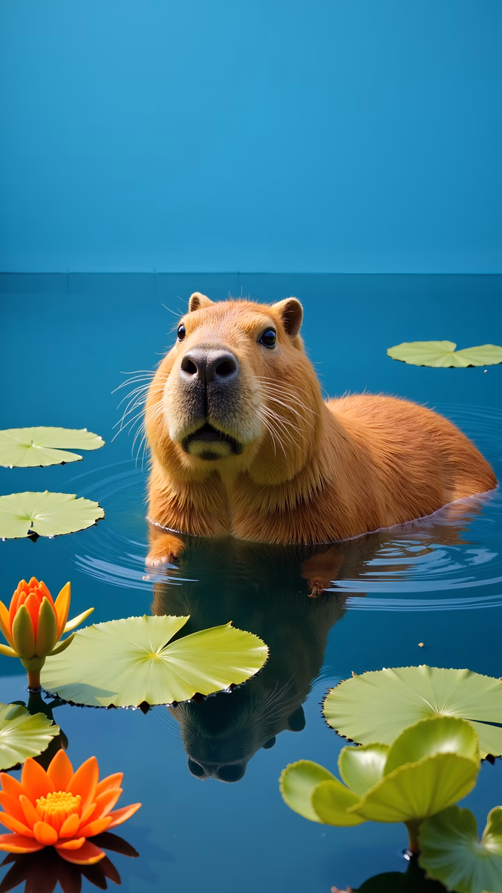 A capybara in a lily pond with vibrant colors and reflections.