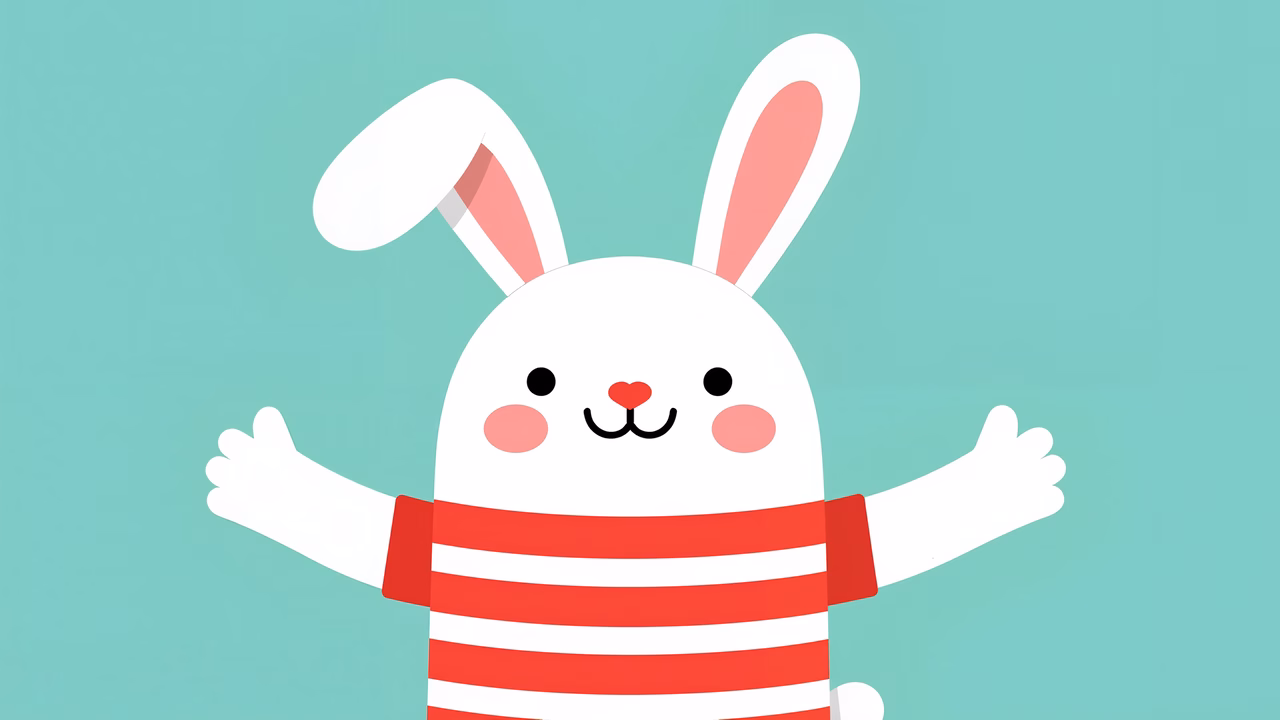 A cute cartoon bunny with a striped scarf against a light teal background.