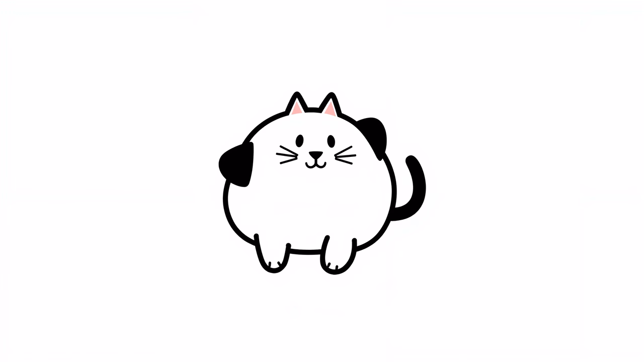 A cute, plump cartoon cat in a simple, black-and-white line art style.