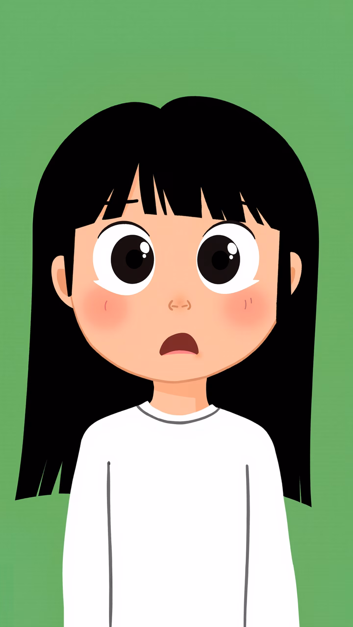Minimalistic cartoon girl with big eyes on a green background.