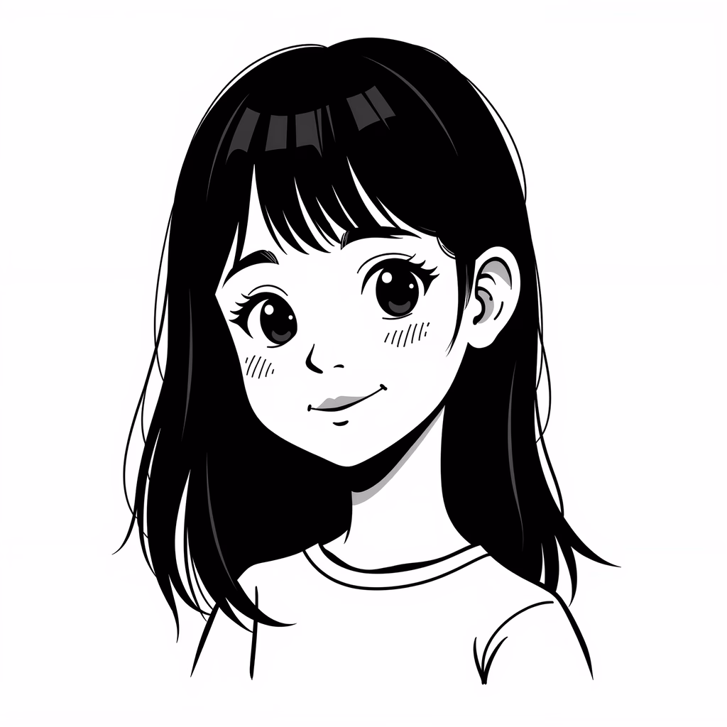Black-and-white cartoon portrait of a smiling girl