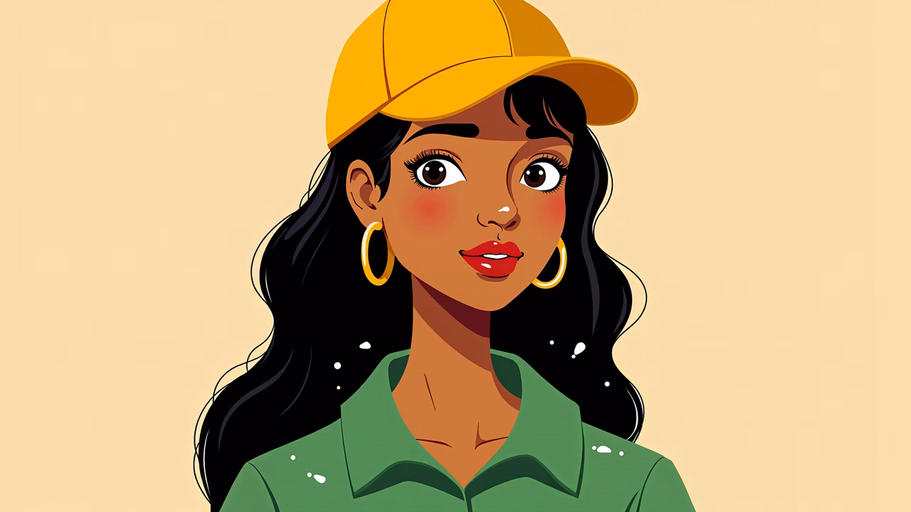 A cheerful cartoon girl in a yellow cap and green shirt against a beige backdrop.