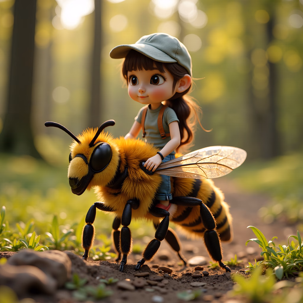 A cartoon girl riding a bee in a sunny forest setting.