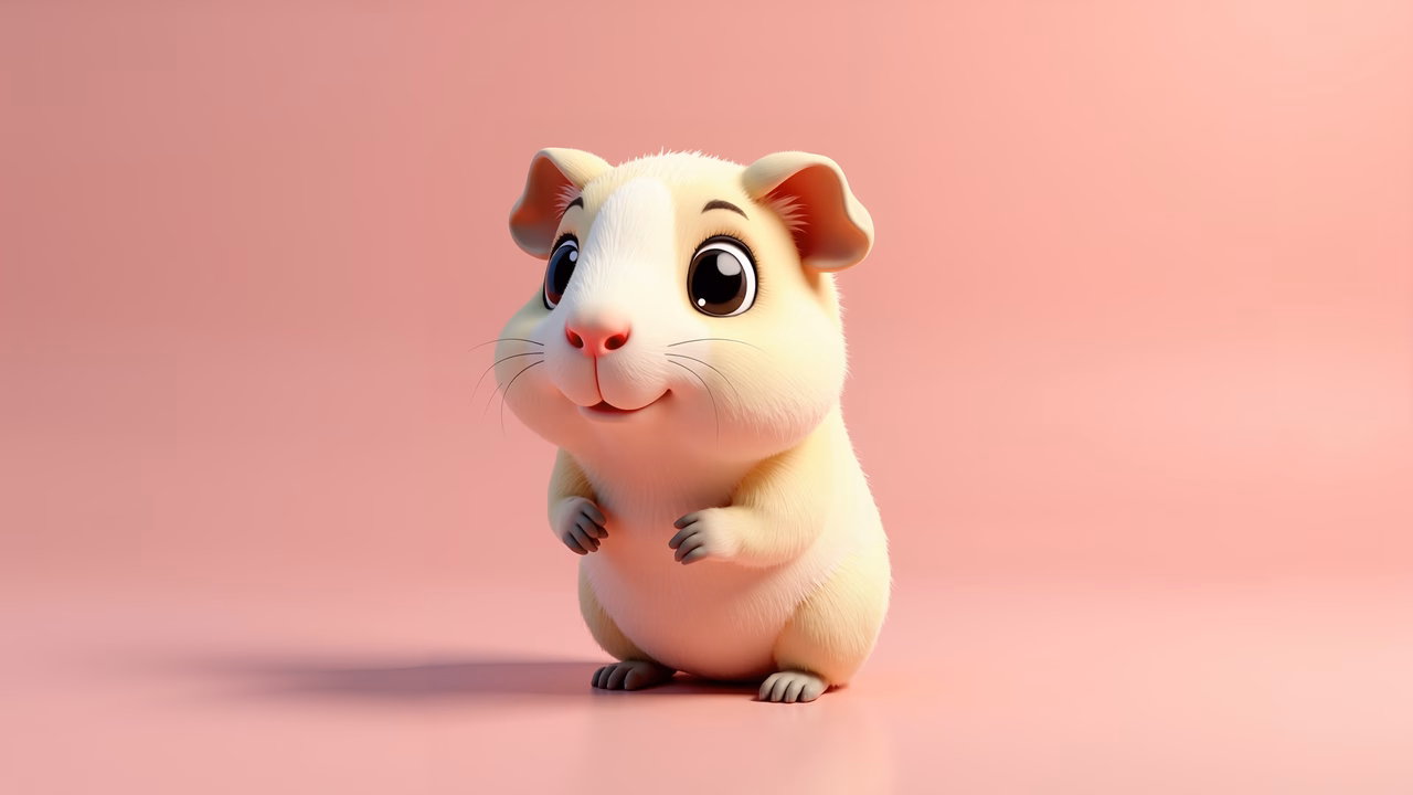 Cute cartoon hamster with big eyes and soft fur against a pastel pink background.