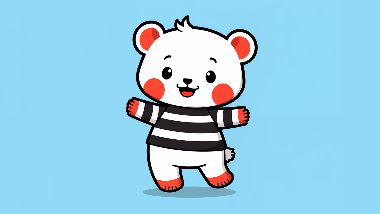 A cute polar bear in a striped outfit, smiling brightly against a light blue background.