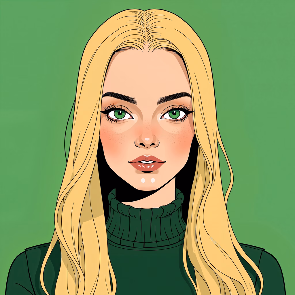 Bold cartoon portrait with vibrant green tones and detailed eyes.