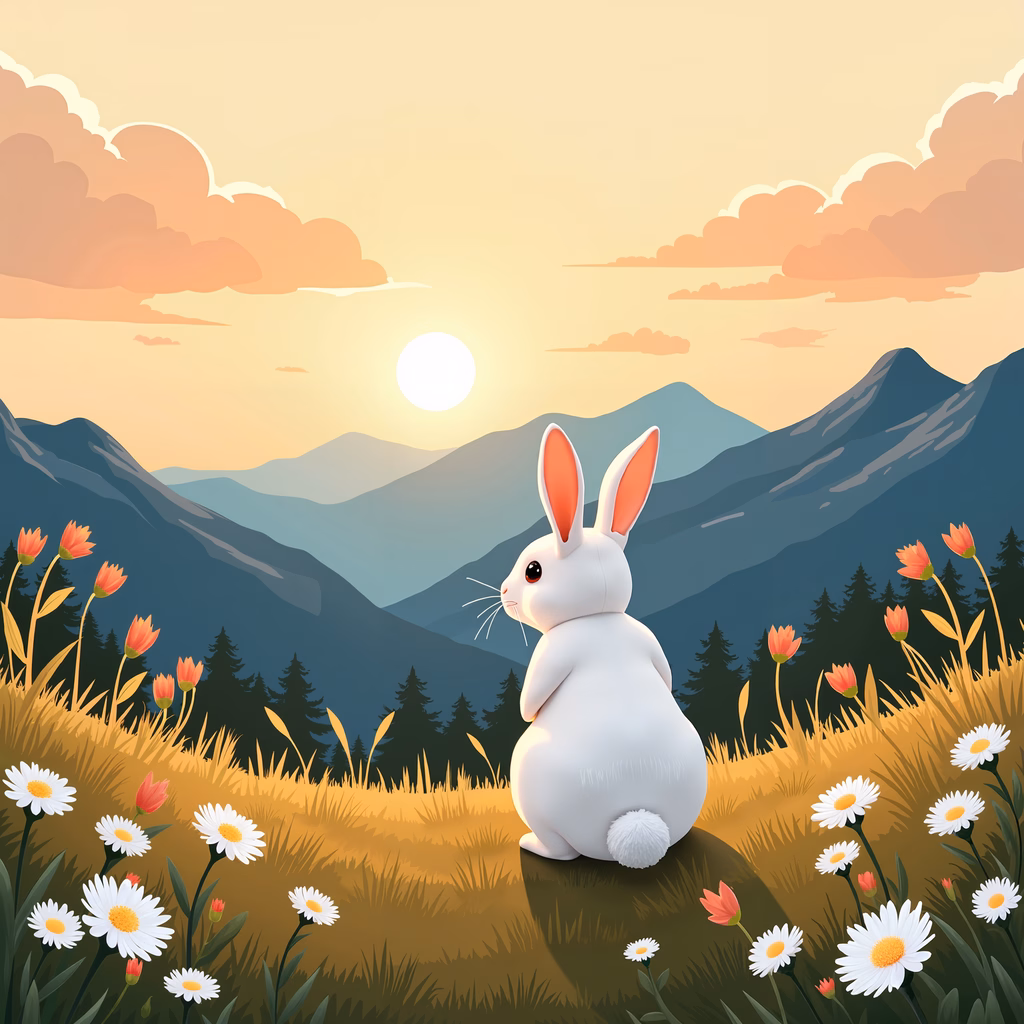 A cute cartoon rabbit in a tranquil natural setting, perfect for children’s art.