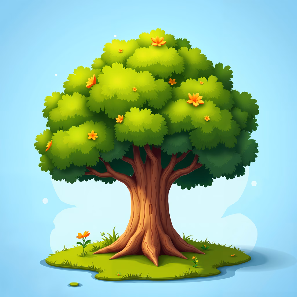 A cheerful cartoon tree with vibrant green leaves and orange flowers under a clear blue sky.
