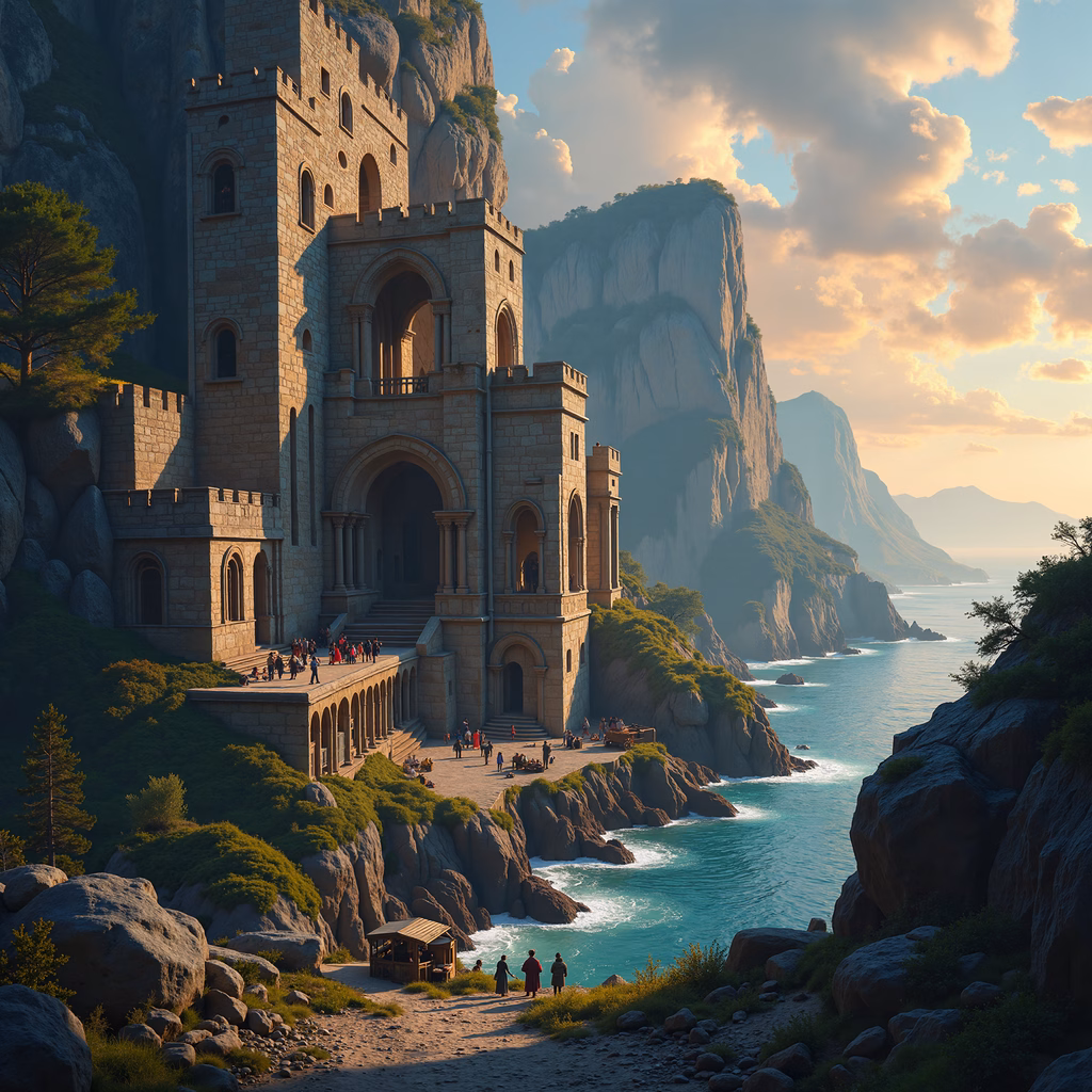 A medieval castle on a cliff overlooking a calm ocean at sunset.