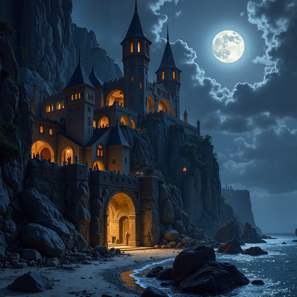 Mysterious castle on cliff overlooking ocean under full moon
