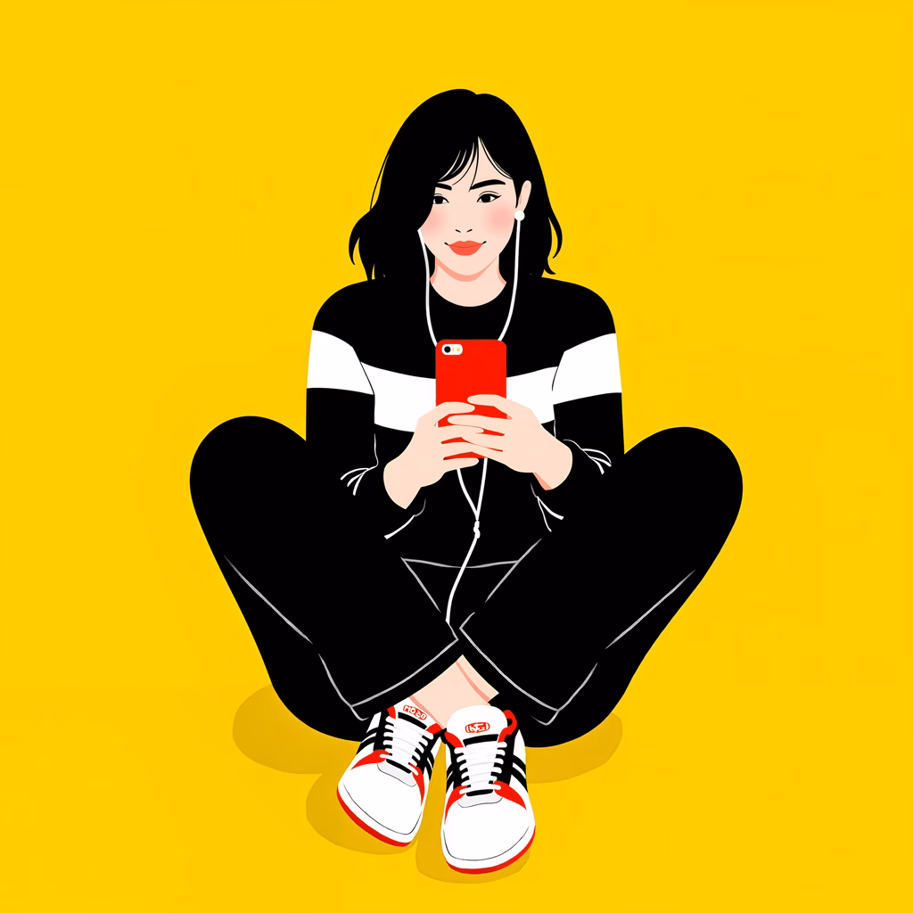 Casual listening in a vibrant yellow setting.