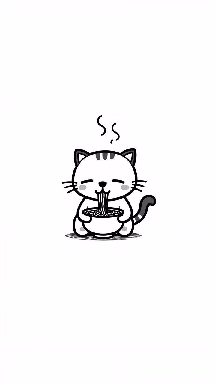 A delightful cartoon cat enjoying a bowl of noodles.