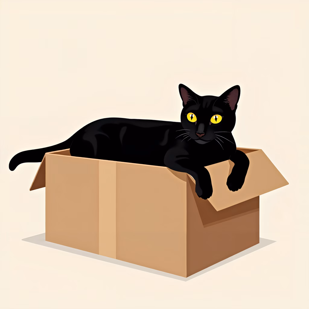 A cute black cat lounging in a cardboard box, showcasing its yellow eyes against a neutral background.