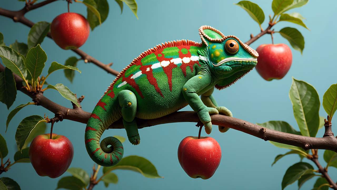A colorful chameleon perched on a fruit tree branch, surrounded by apples and greenery.