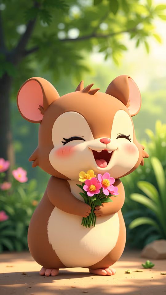 Cheerful Hamster Holding Flowers