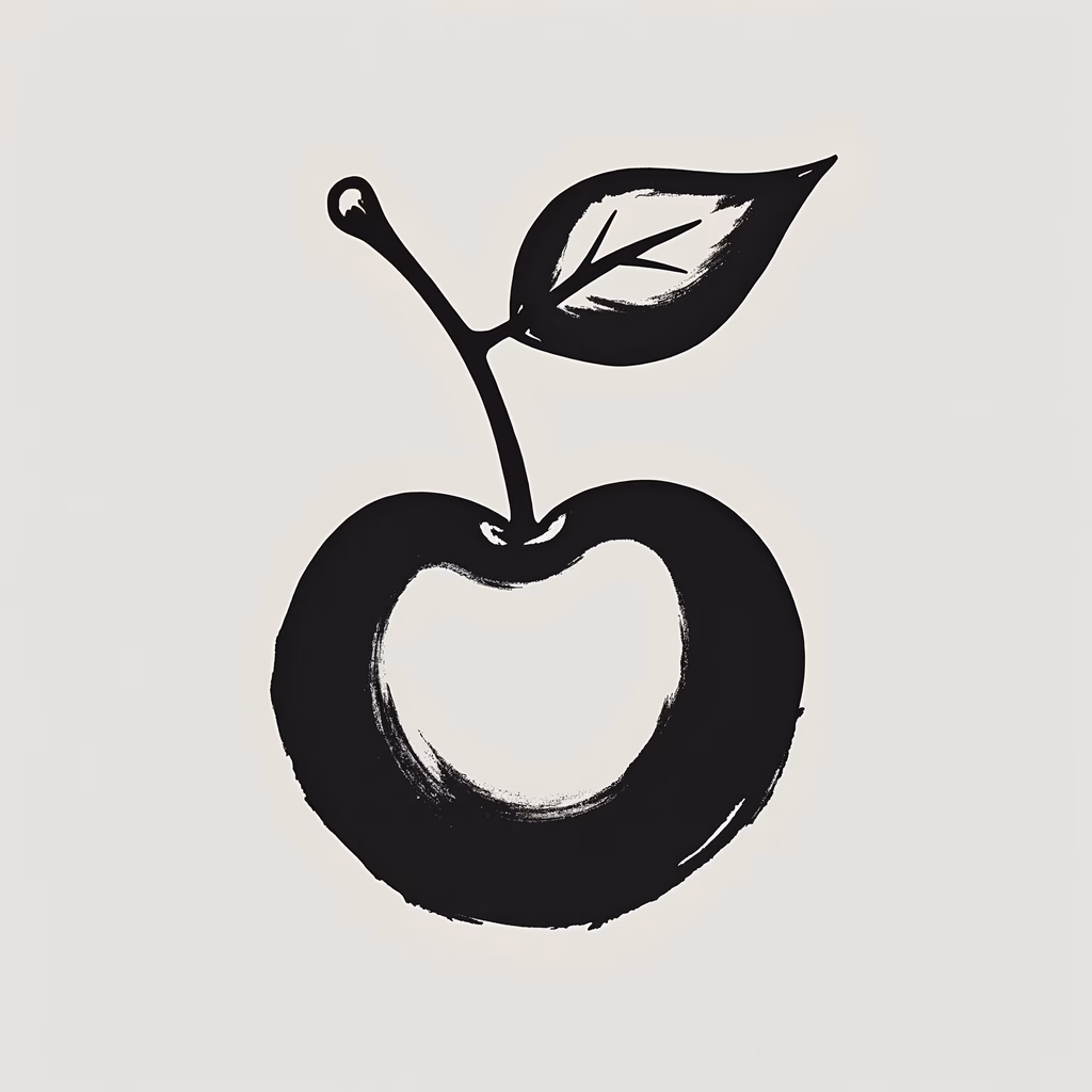Minimalist black and white illustration of a cherry with a leaf, emphasizing simplicity and elegance.
