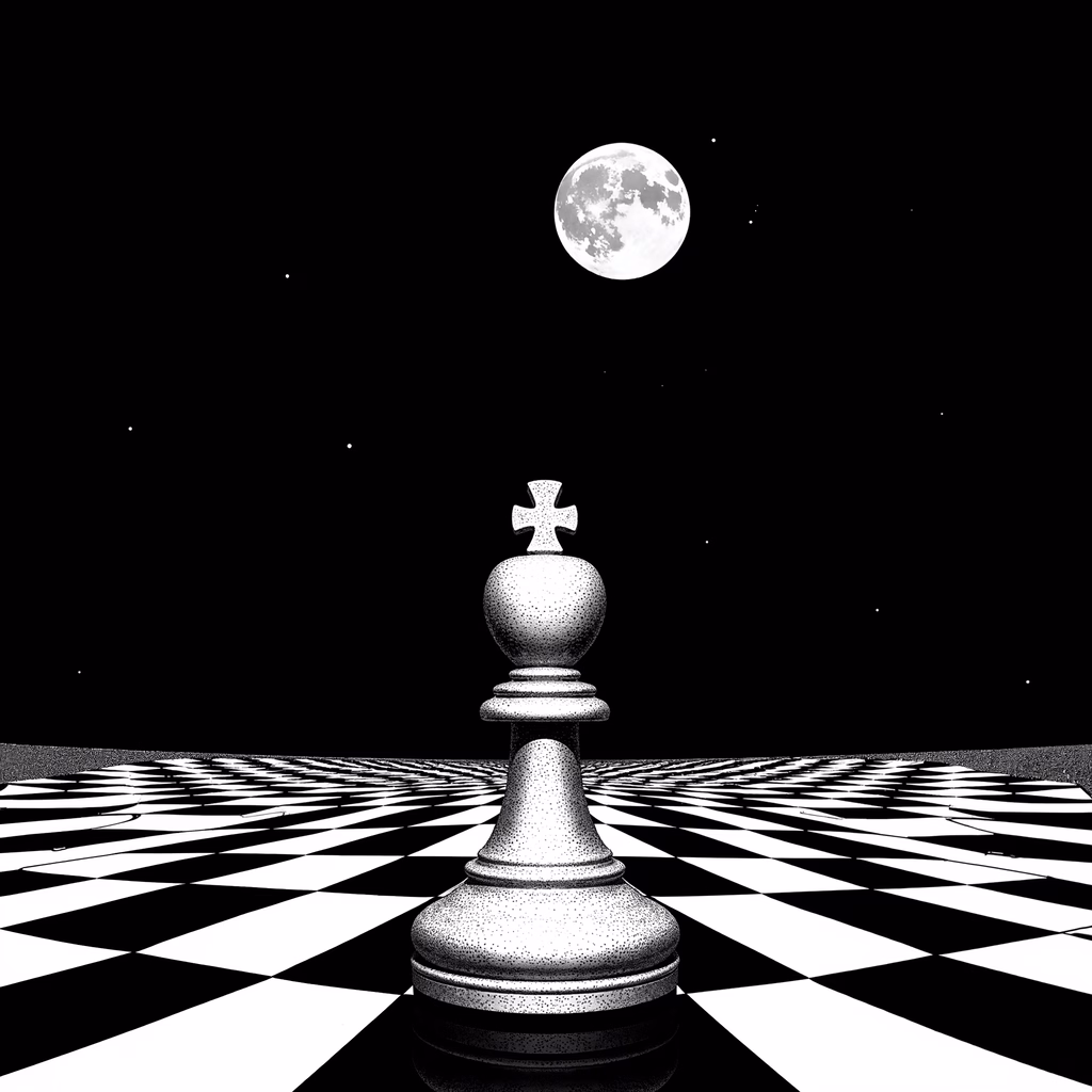 Solitary chess king under a full moon, symbolizing strategy and contemplation.