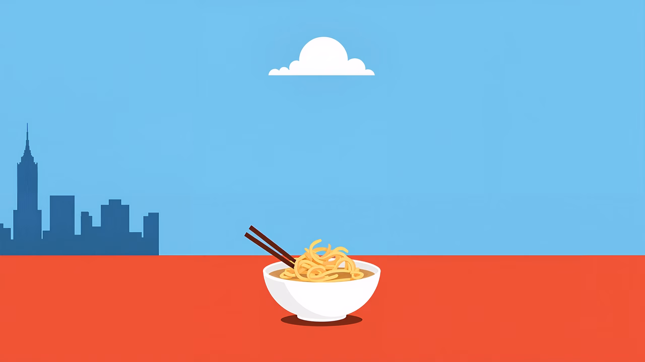 A bowl of noodles with chopsticks against a city skyline backdrop.
