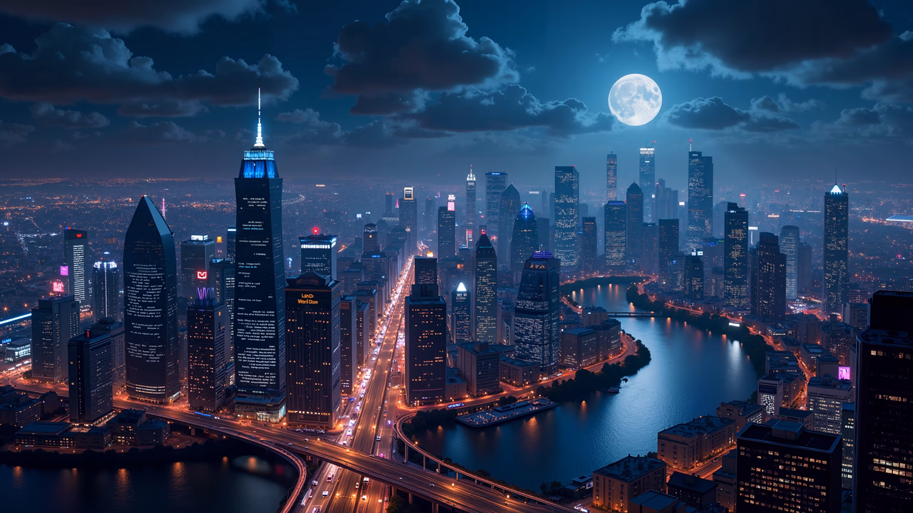 A glowing city under the moonlight, capturing the vibrancy of urban life at night.