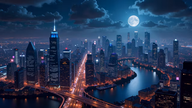 Cityscape Under the Moon
