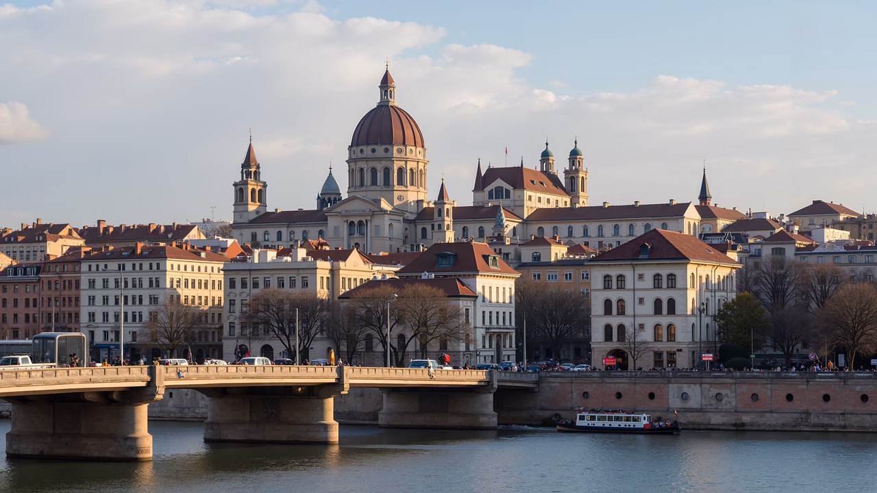 Golden hour cityscape with dome and traditional architecture.