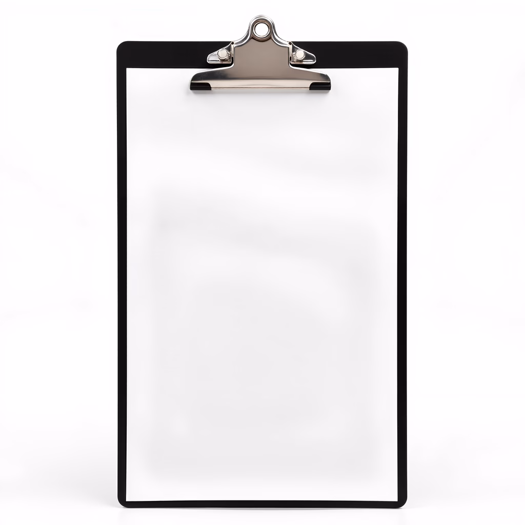 Minimalist black clipboard with blank sheet on white background.