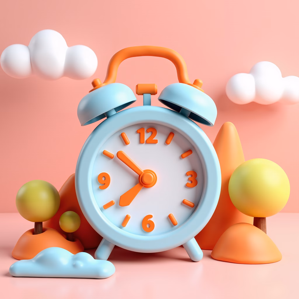A cheerful alarm clock surrounded by whimsical elements in soft pastel colors.