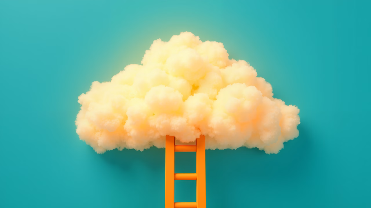 Whimsical cloud with ladder, surreal and dreamy atmosphere.
