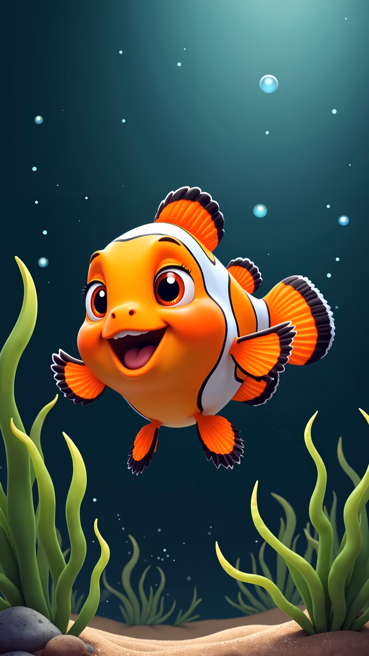 A happy clownfish swimming in a tranquil underwater environment.