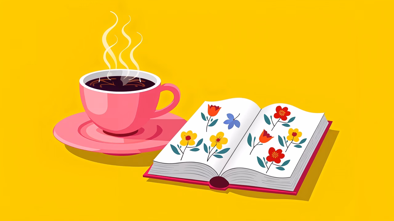 A cozy illustration of coffee and flowers on a sunny day.