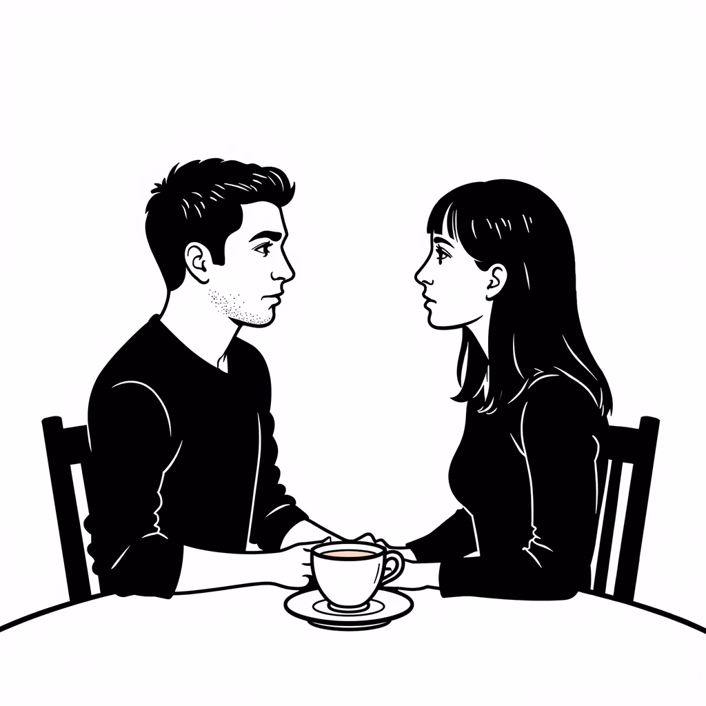 Intimate coffee date illustration featuring two people sharing a moment over a cup of coffee.