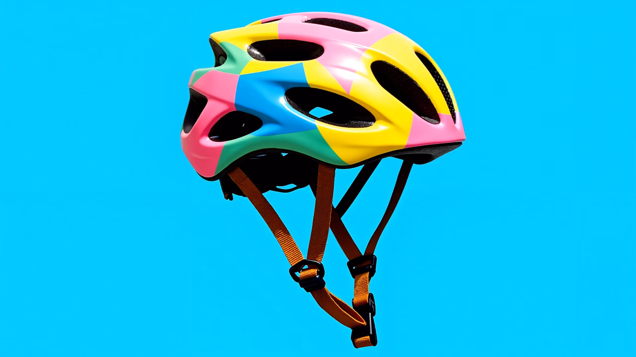 Vibrant, colorful bicycle helmet design against a turquoise backdrop.