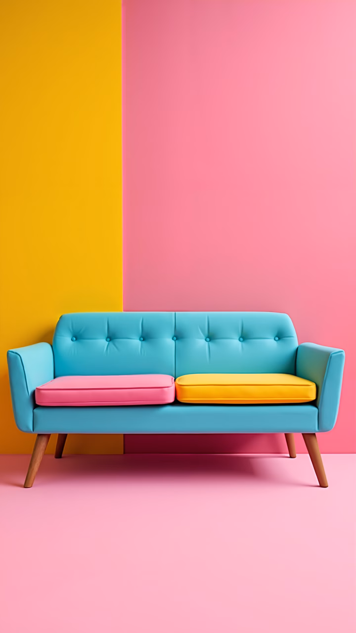 Brightly colored couch against a two-tone wall, perfect for interior design enthusiasts.