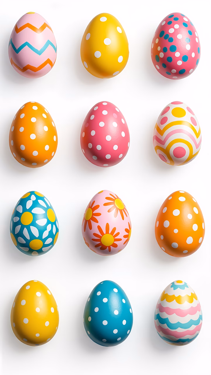 Brightly colored Easter eggs with unique patterns on a white background.