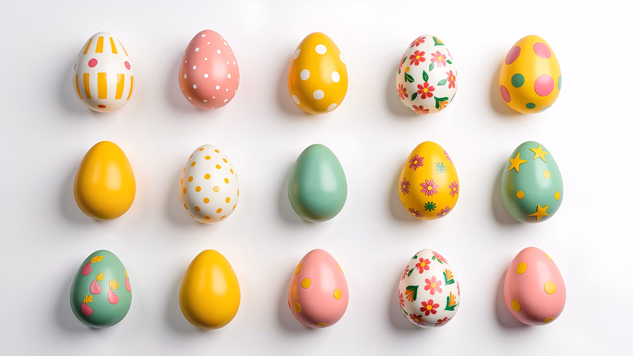 Brightly colored Easter eggs in a festive grid arrangement.