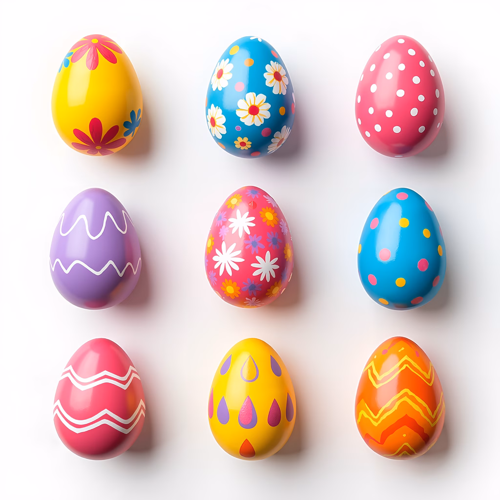 Brightly colored Easter eggs with festive patterns on a clean white background.