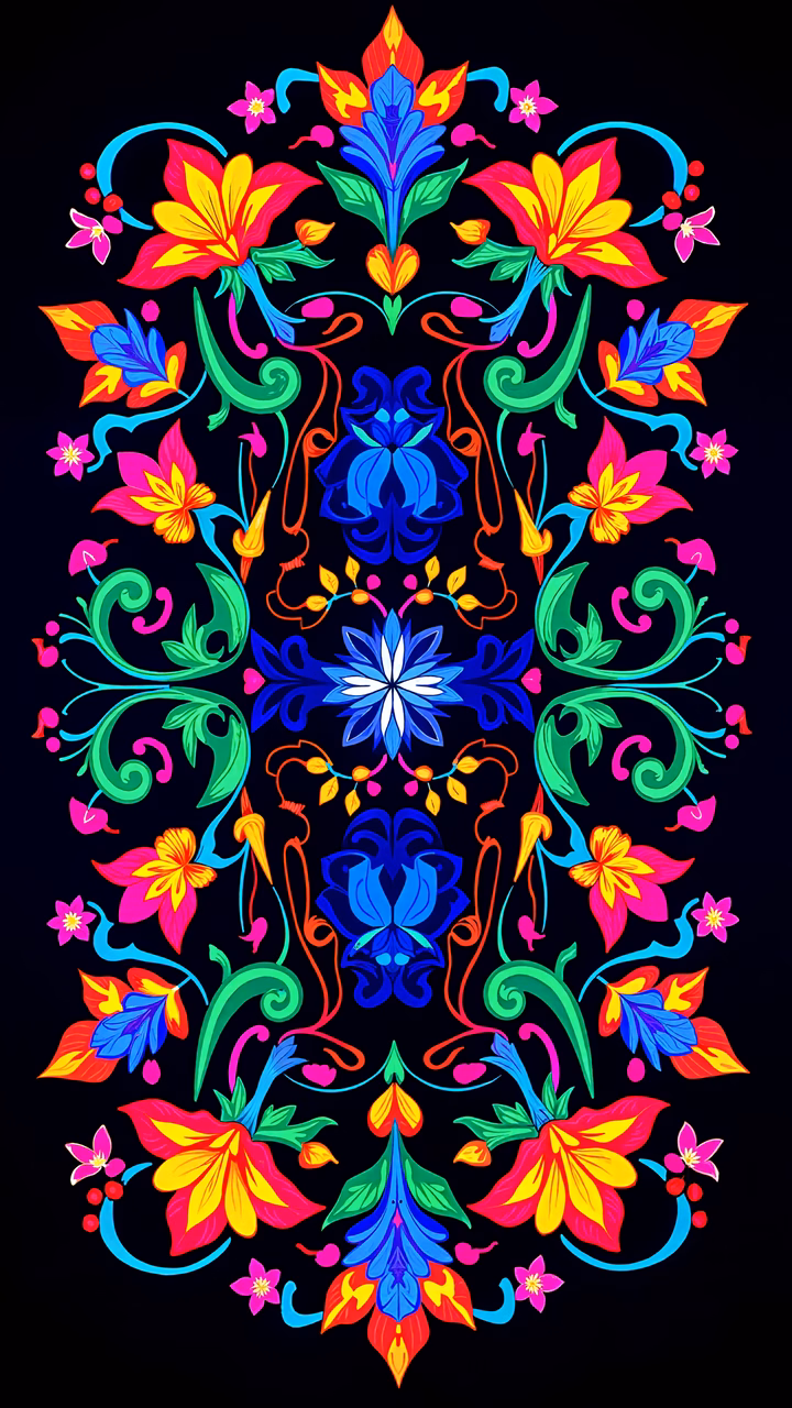 Vibrant floral illustration with bold colors and intricate details on a black background.