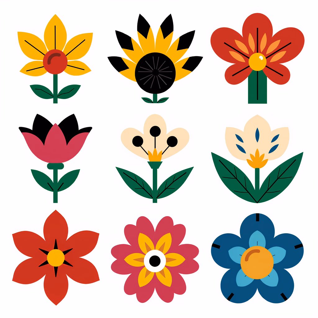 Nine colorful stylized flowers with bold petals and simple centers.