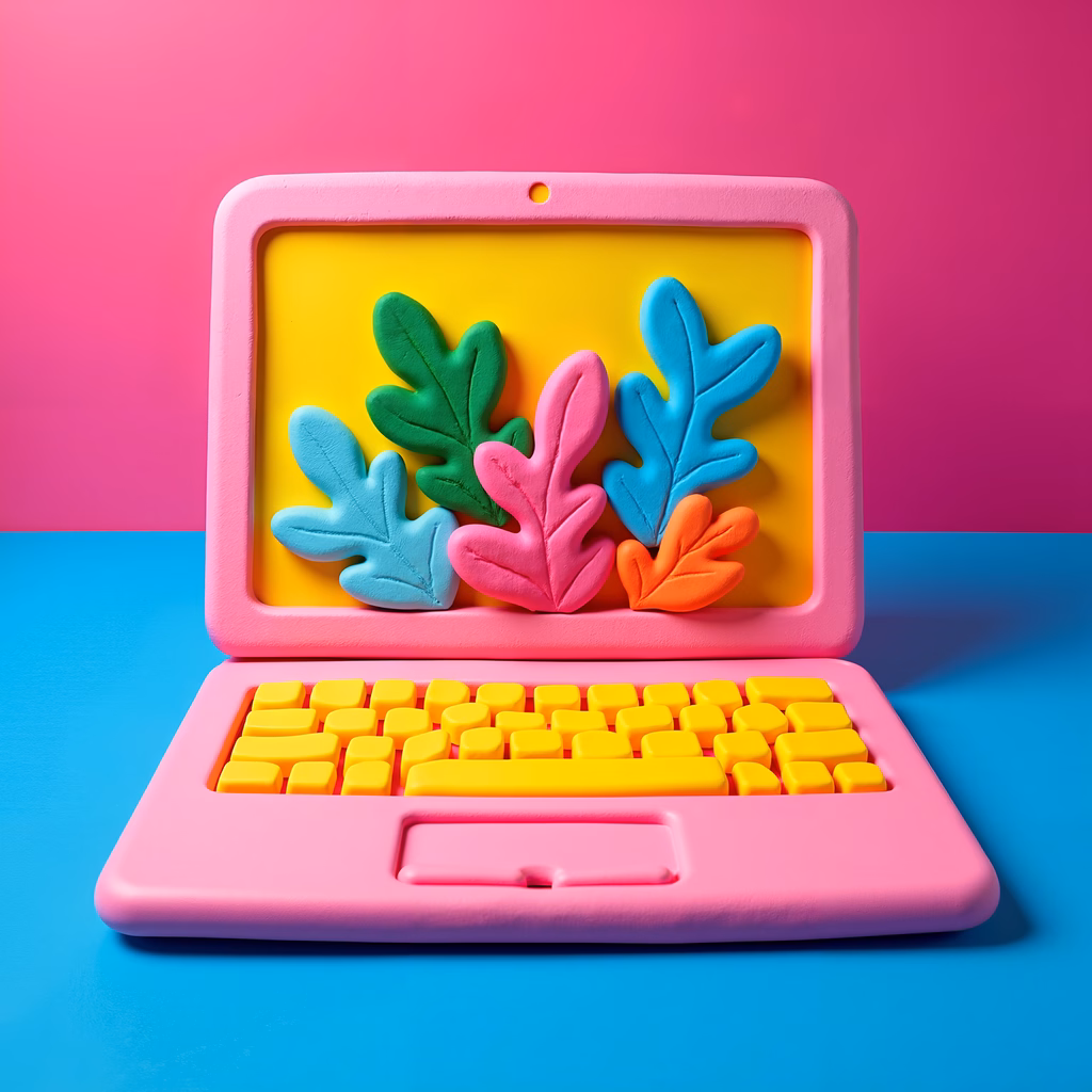 A cheerful illustration of a pink laptop with clay leaves on its screen, set against a colorful backdrop.