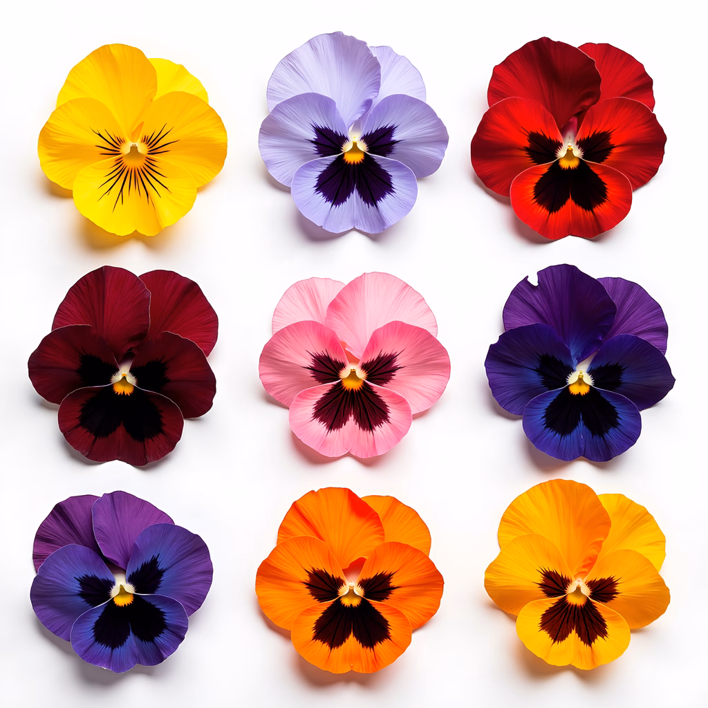 Vibrant pansies in multiple colors, showcasing their intricate petal patterns and bright hues.