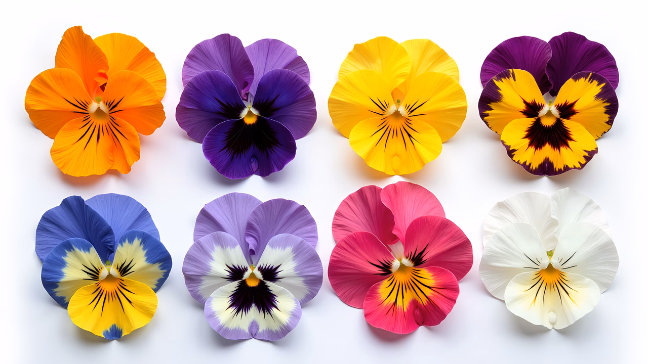 Vibrant pansies in a colorful grid arrangement.