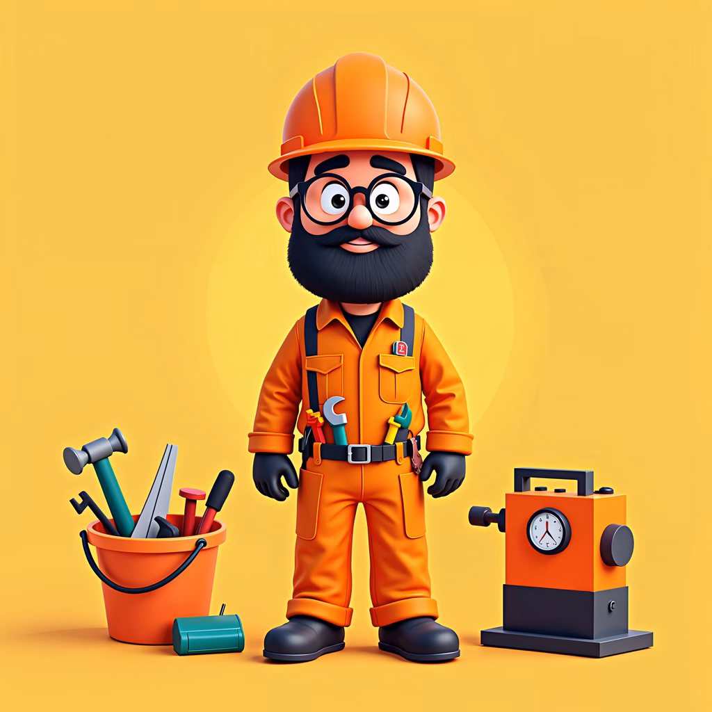 Brightly colored construction worker illustration with tools and machinery.