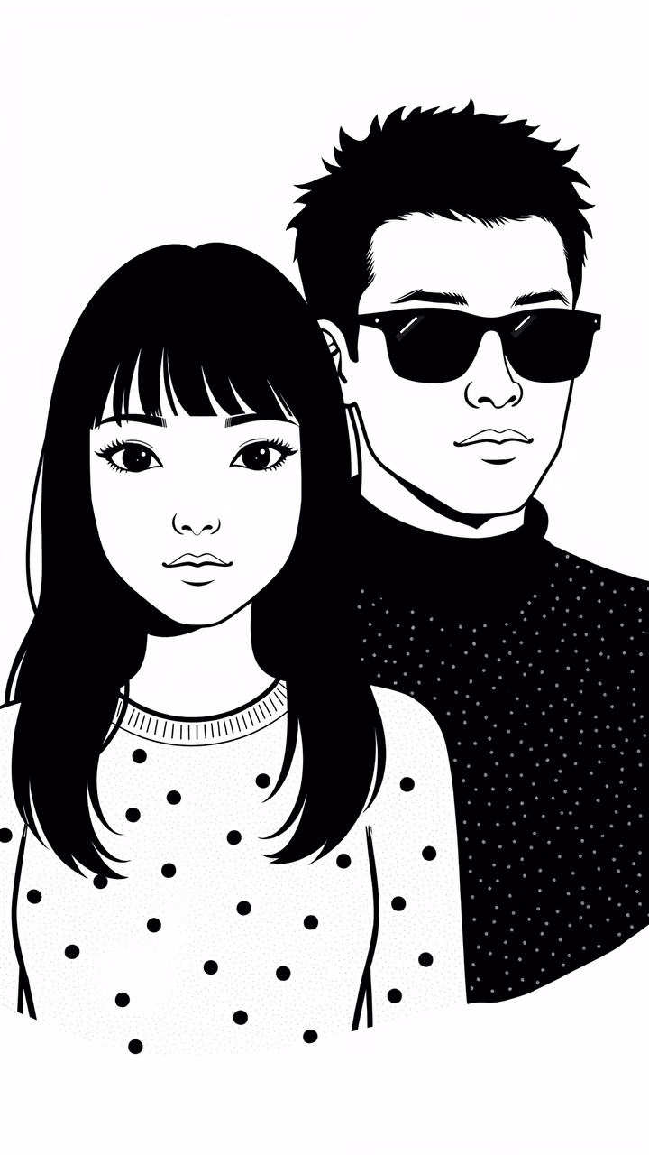 A minimalist black-and-white portrait of a couple, evoking mystery and intimacy.