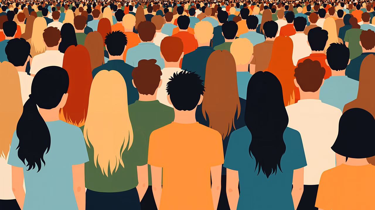 Diverse crowd illustration, bold colors, community vibe